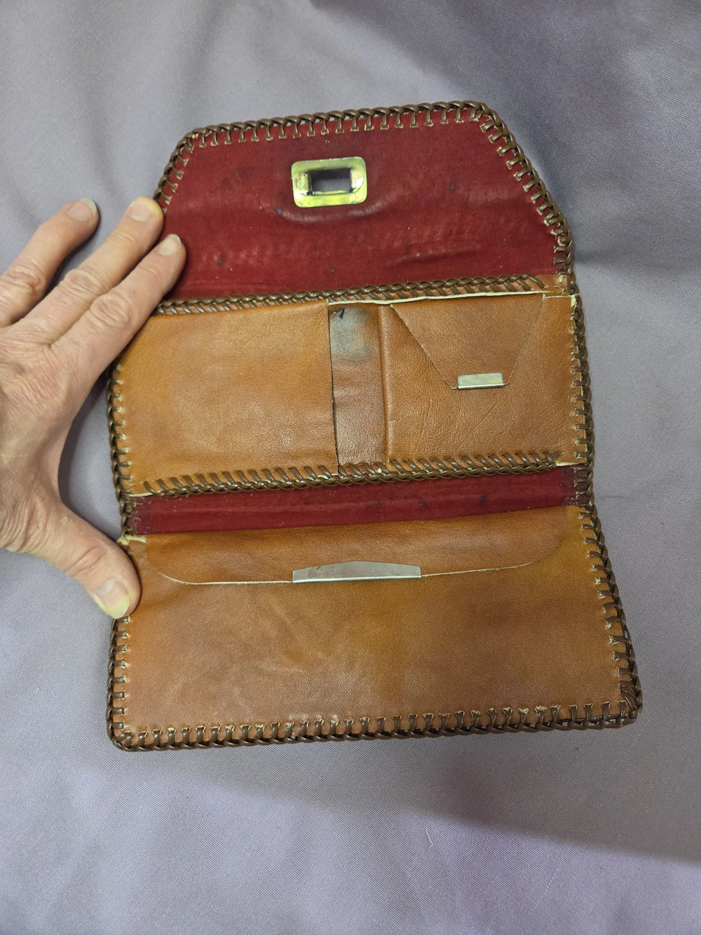 VINTAGE Croc-Embossed Brown Leather Clutch with Yellow Accent
